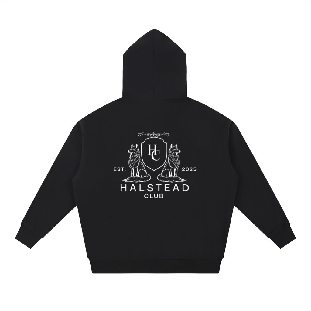 Black hoodie with 'Halstead Club' logo on the back against a white background