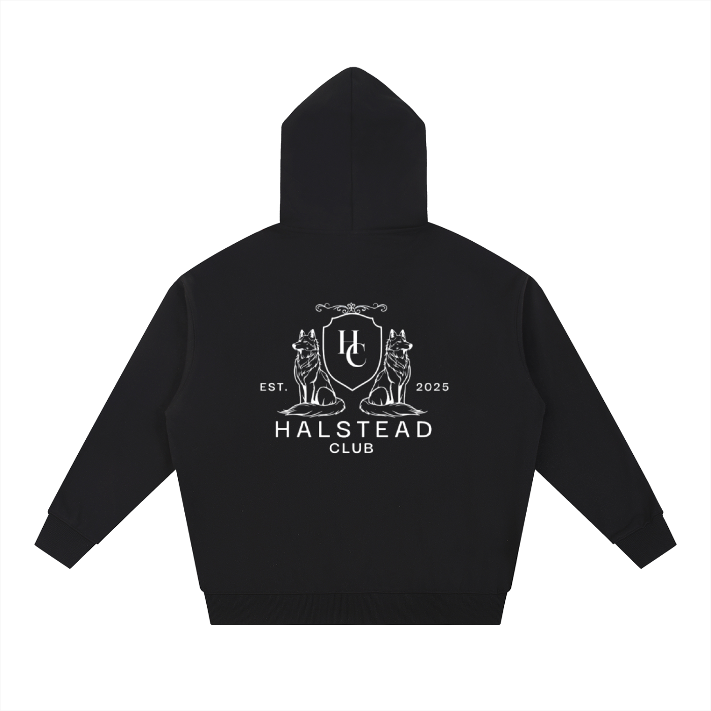 Black hoodie with 'Halstead Club' logo on the back against a white background