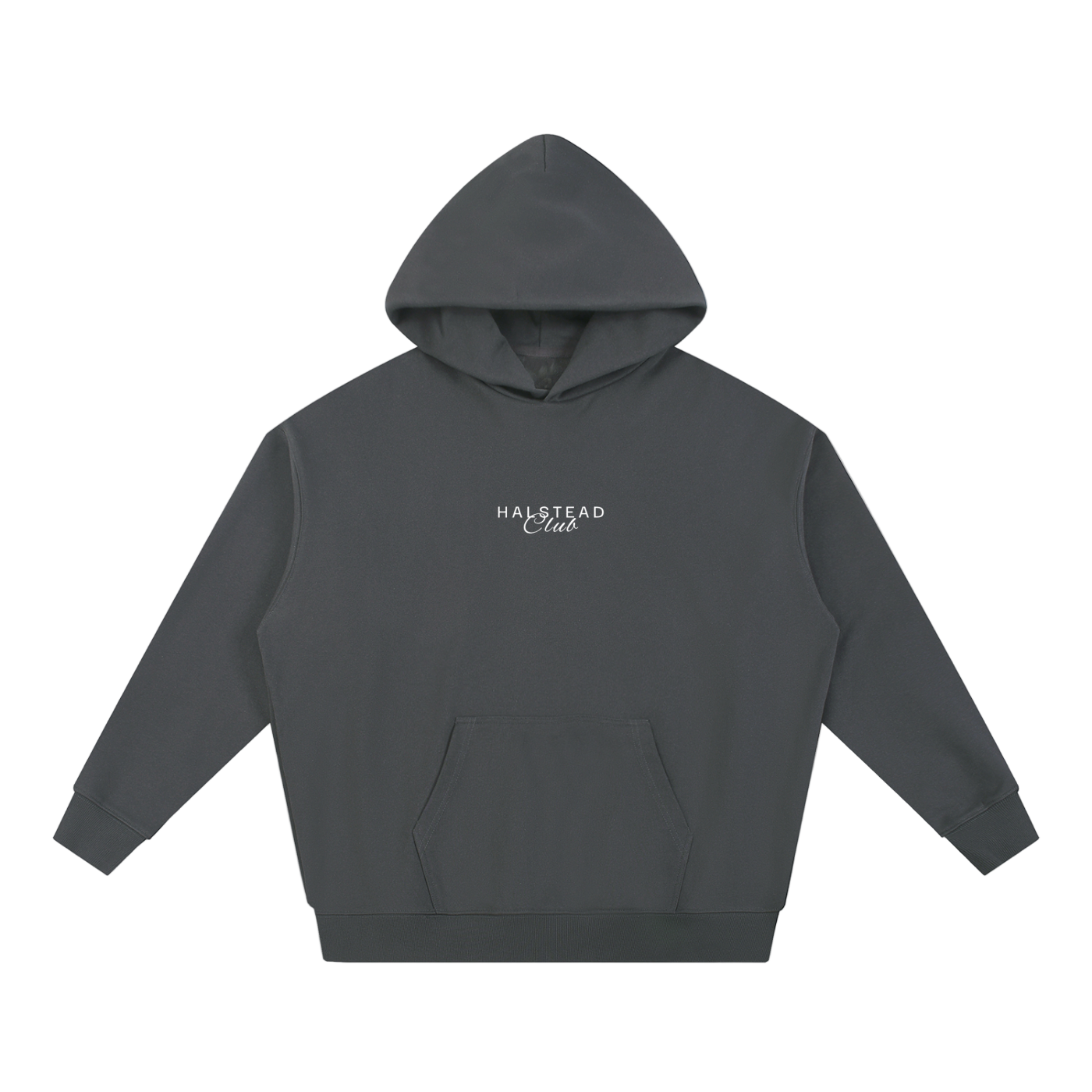 Dark gray hoodie with 'Halstead Club' logo on a white background