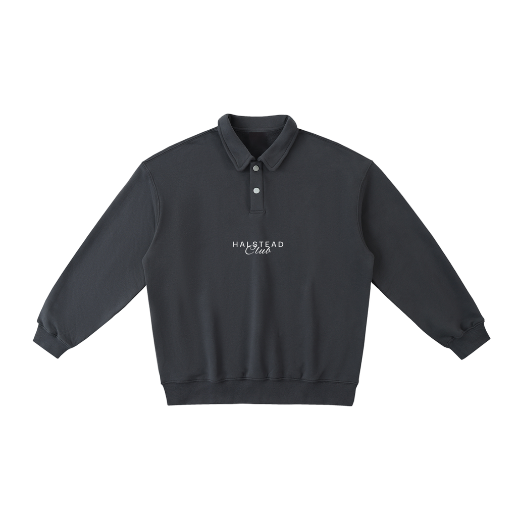 Dark gray sweatshirt with 'Halstead Club' text on a white background