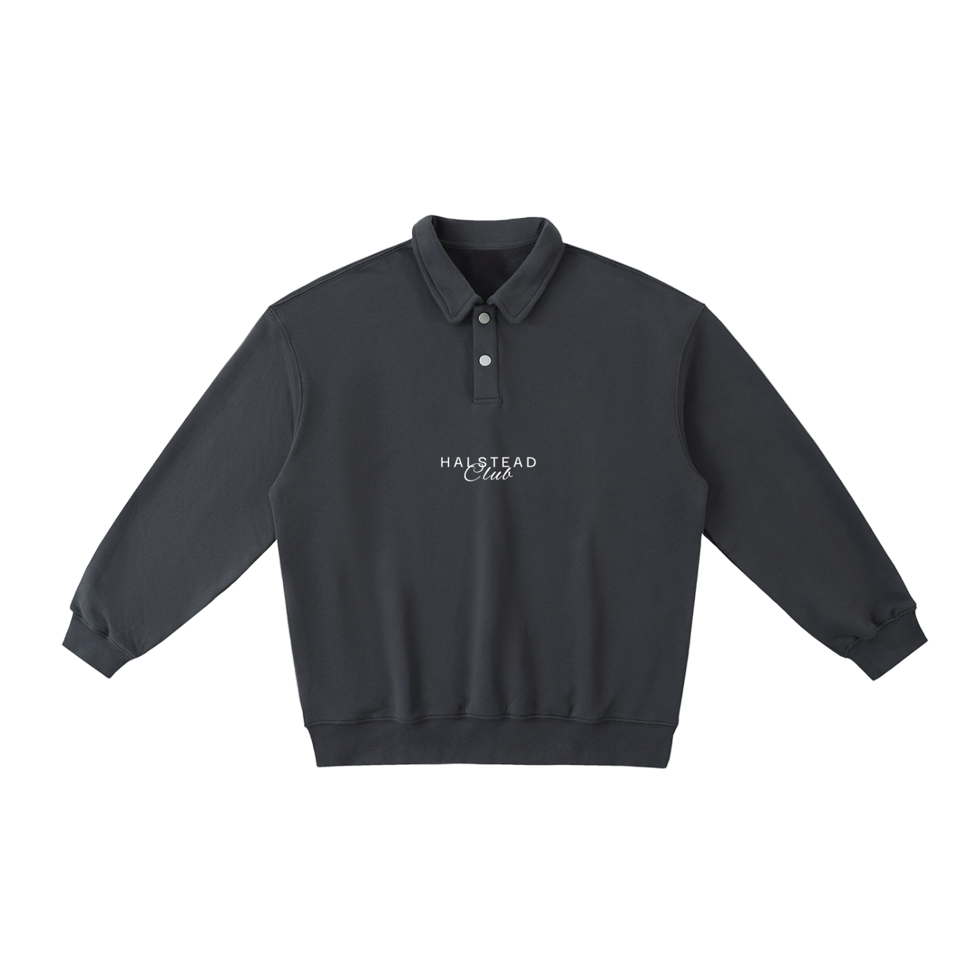 Dark gray sweatshirt with 'Halstead Club' text on a white background