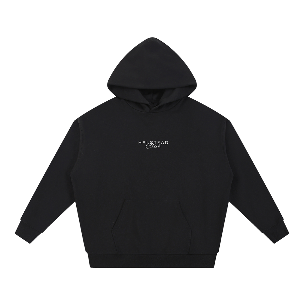 Black hoodie with 'Halstead Club' text on a white background