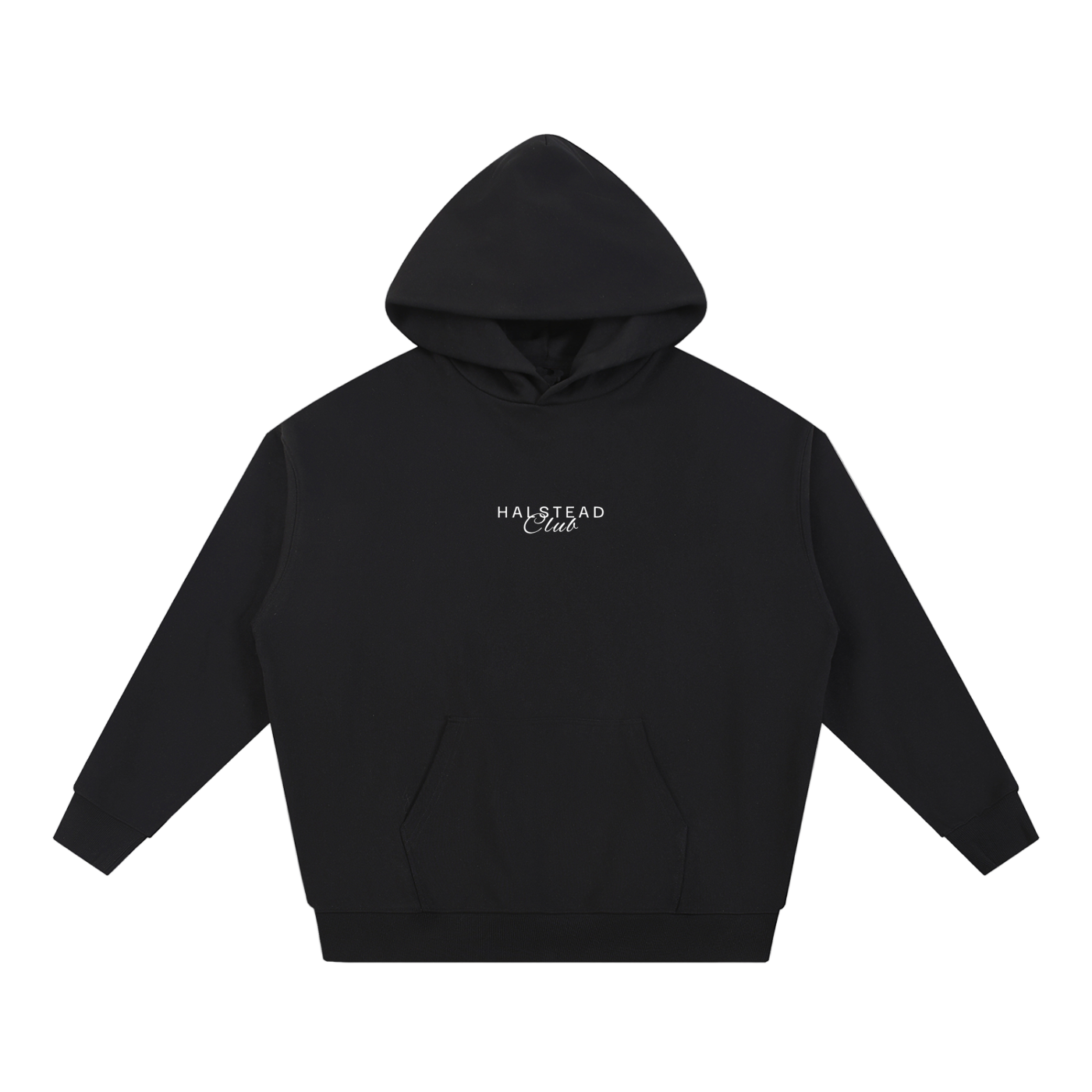 Black hoodie with 'Halstead Club' text on a white background