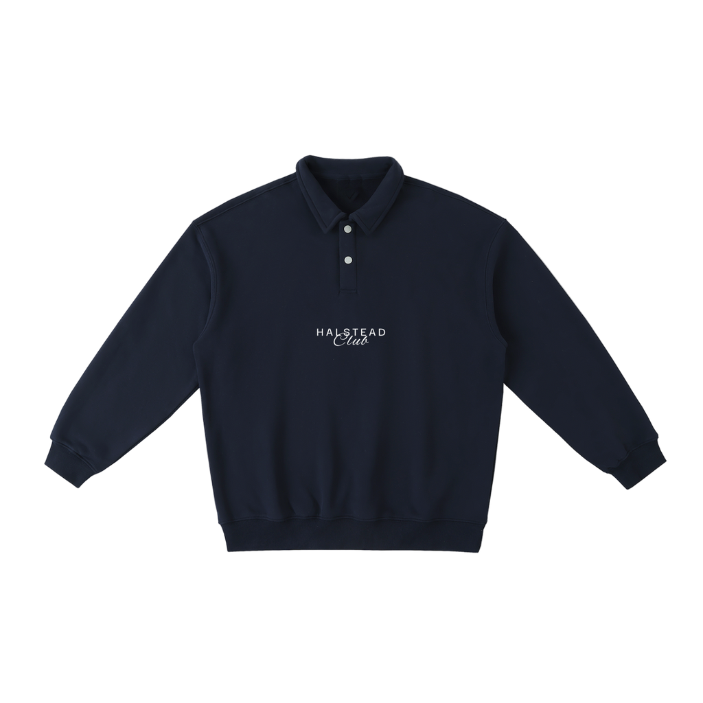 Navy blue sweatshirt with 'Halstead Club' logo on a white background