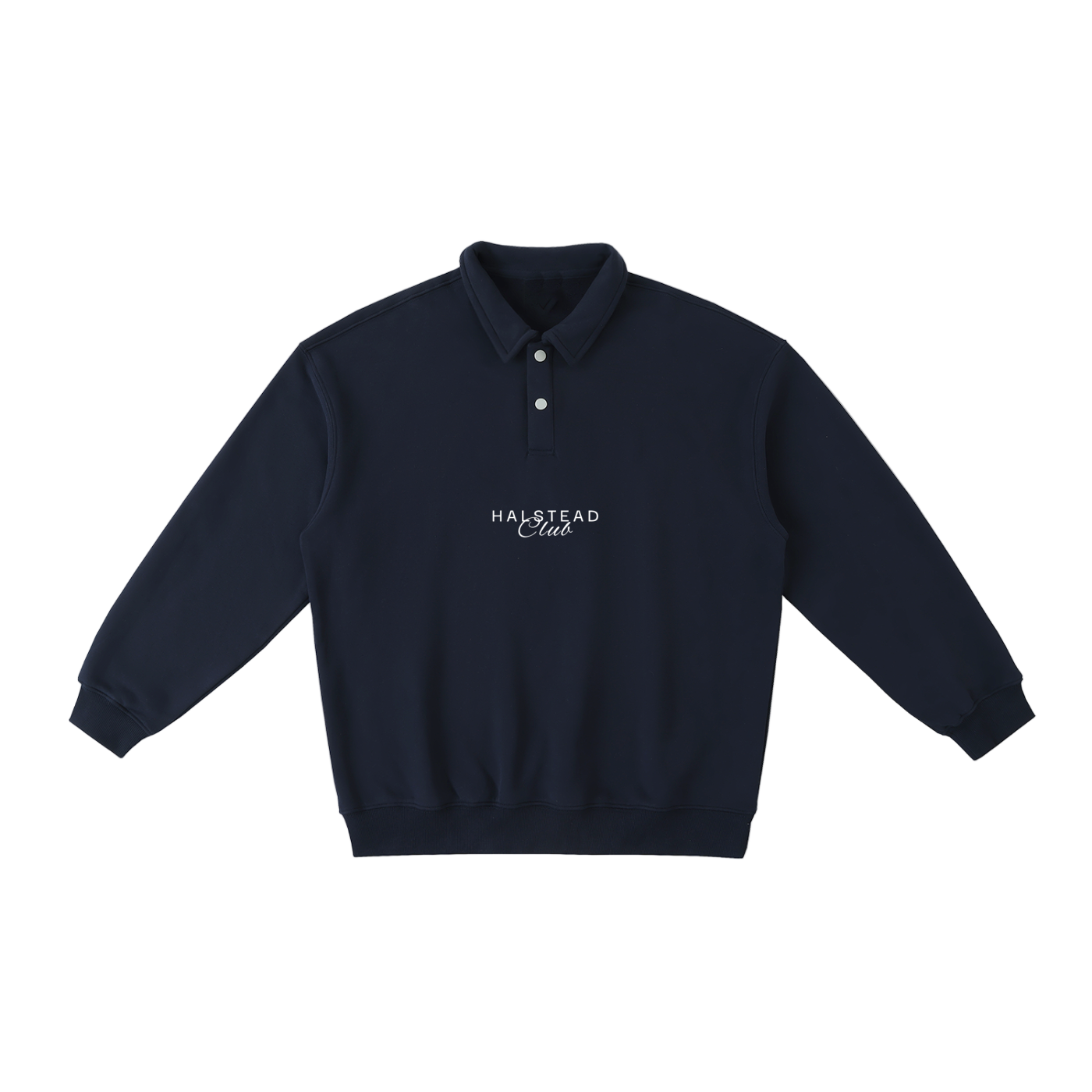 Navy blue sweatshirt with 'Halstead Club' logo on a white background