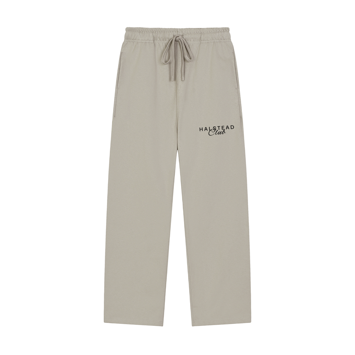 Beige sweatpants with 'Halstead Club' embroidery on a white background