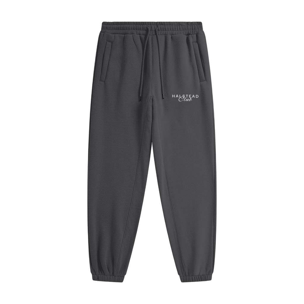 Dark gray sweatpants with a logo on a white background