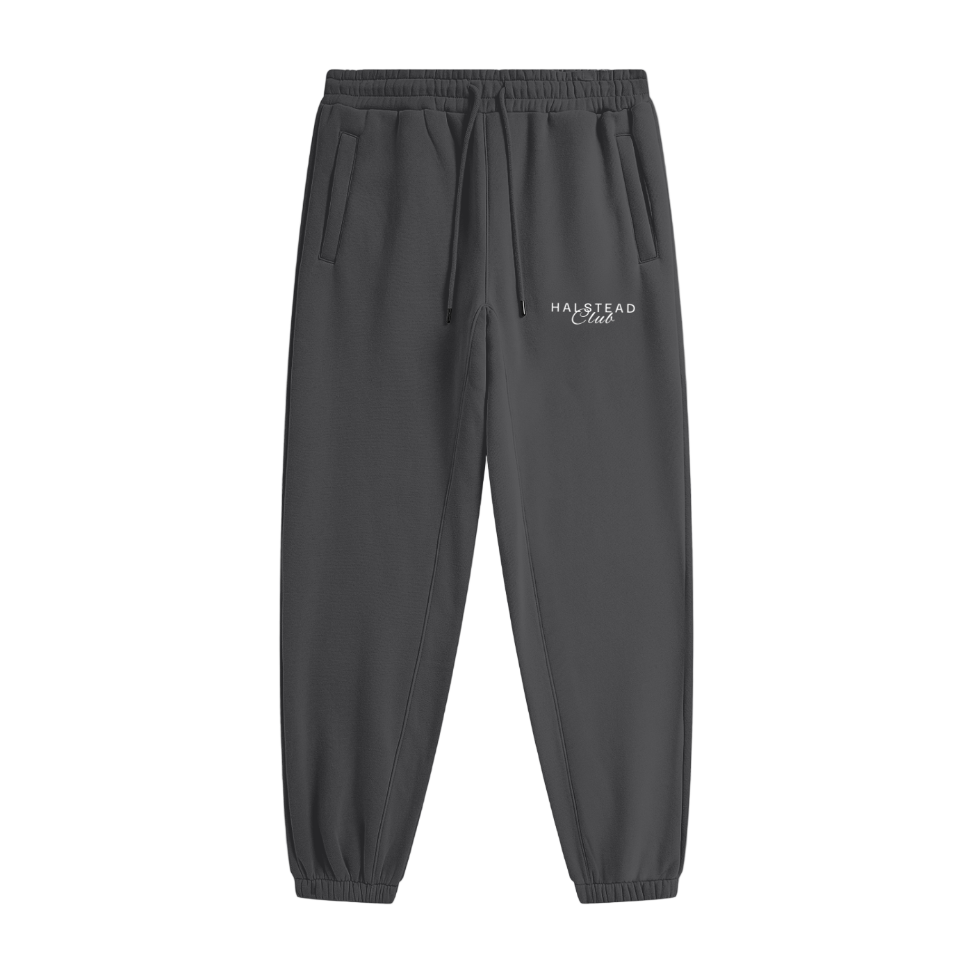 Dark gray sweatpants with a logo on a white background