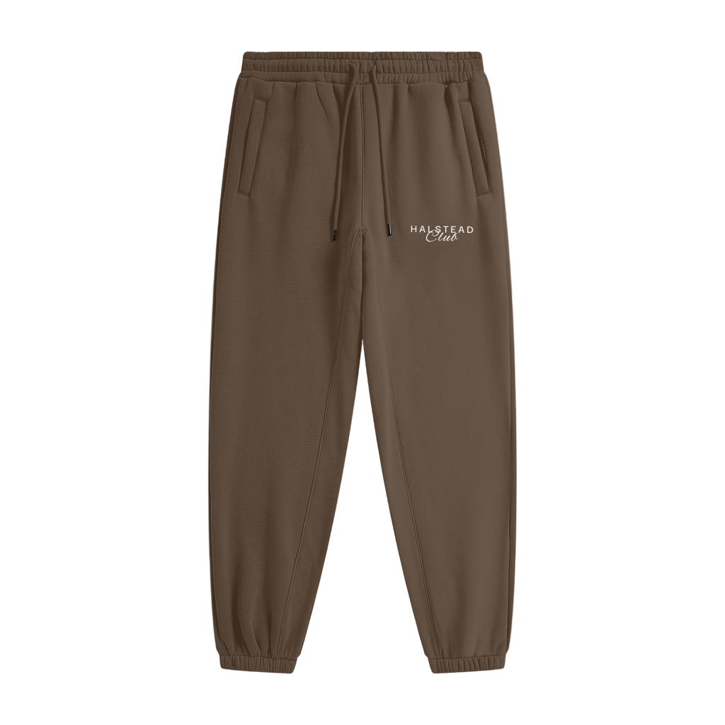Brown sweatpants with a logo on a white background