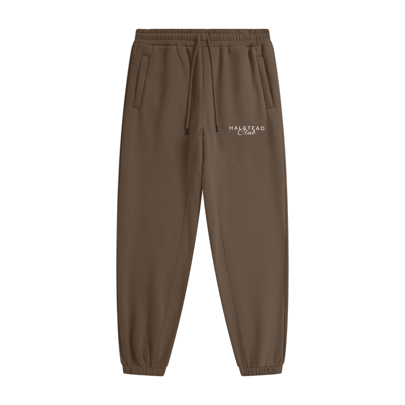 Brown sweatpants with a logo on a white background