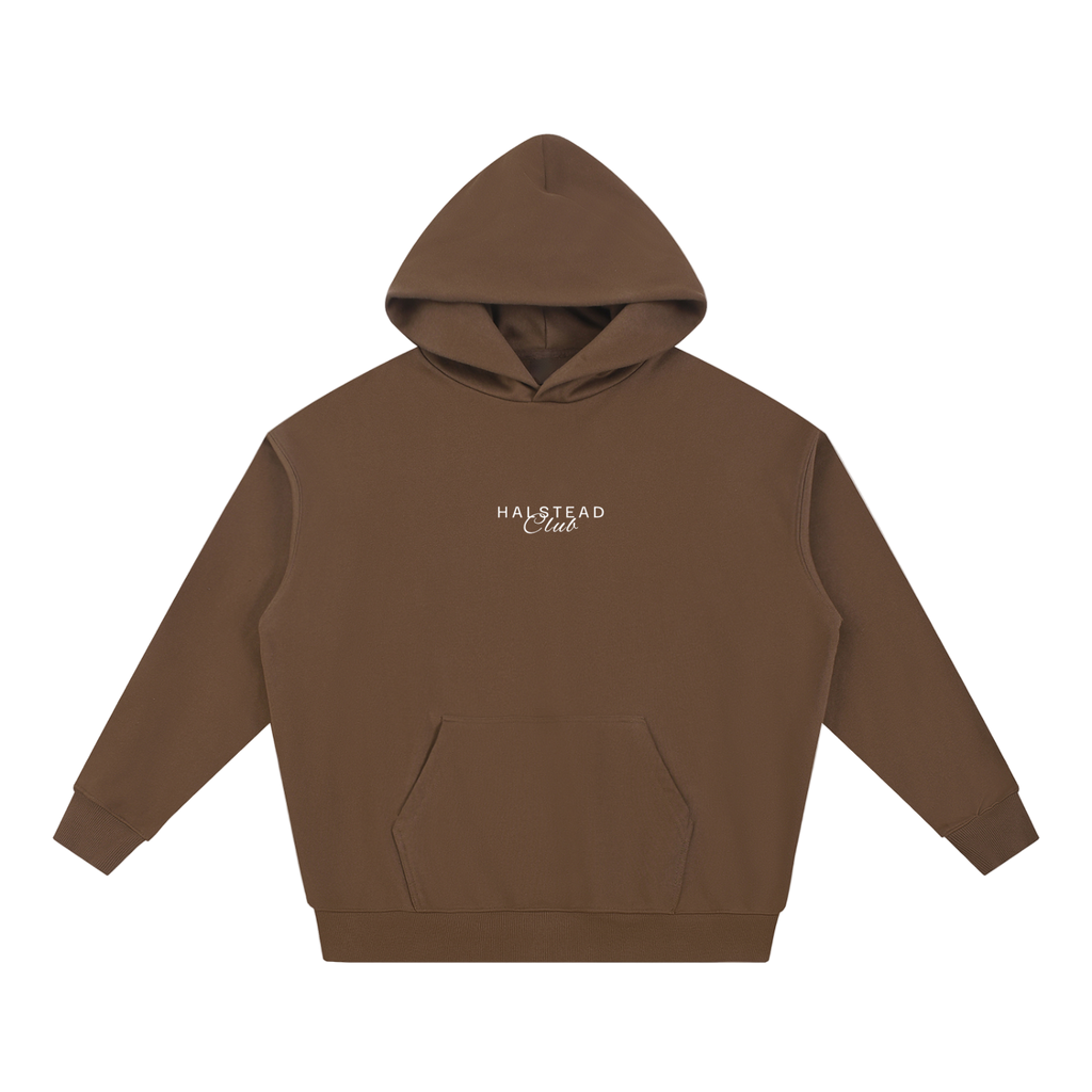 Brown hoodie with 'Halstead Club' logo on a white background