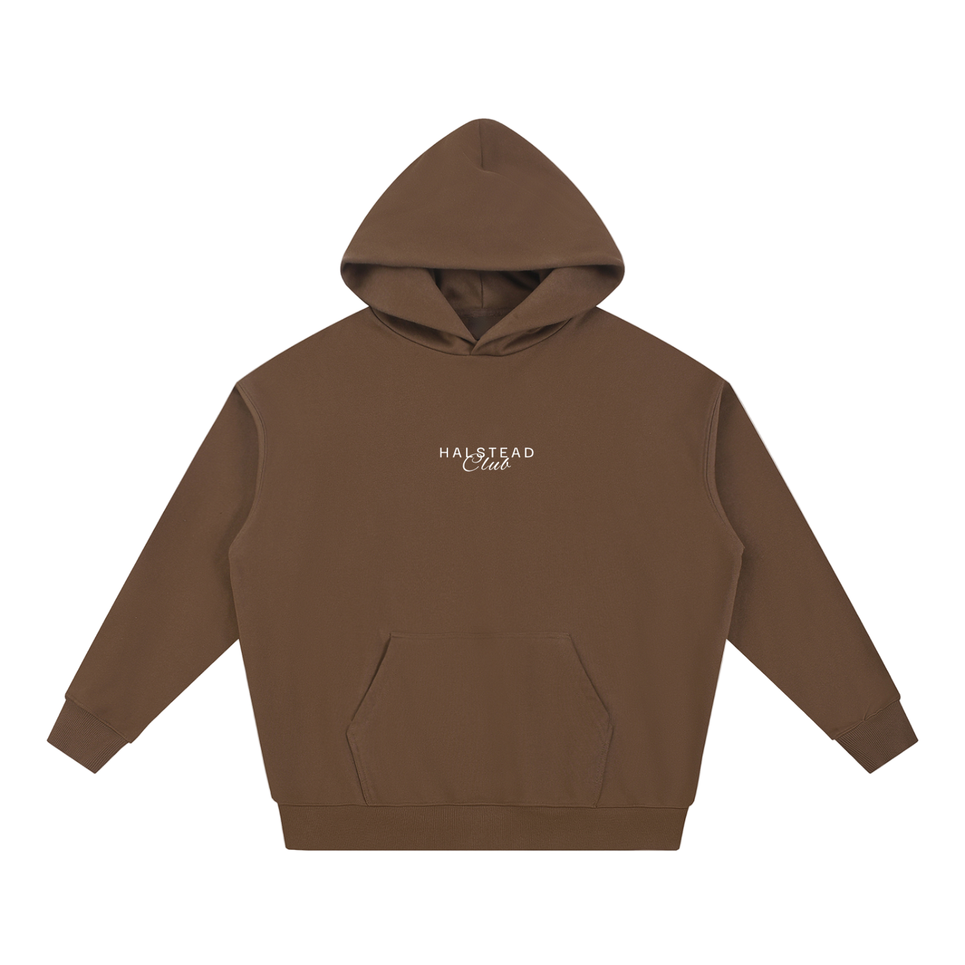 Brown hoodie with 'Halstead Club' logo on a white background