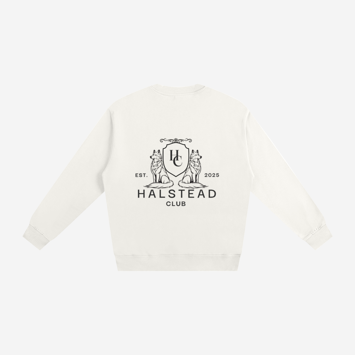 White sweatshirt with Halstead Club logo on a white background