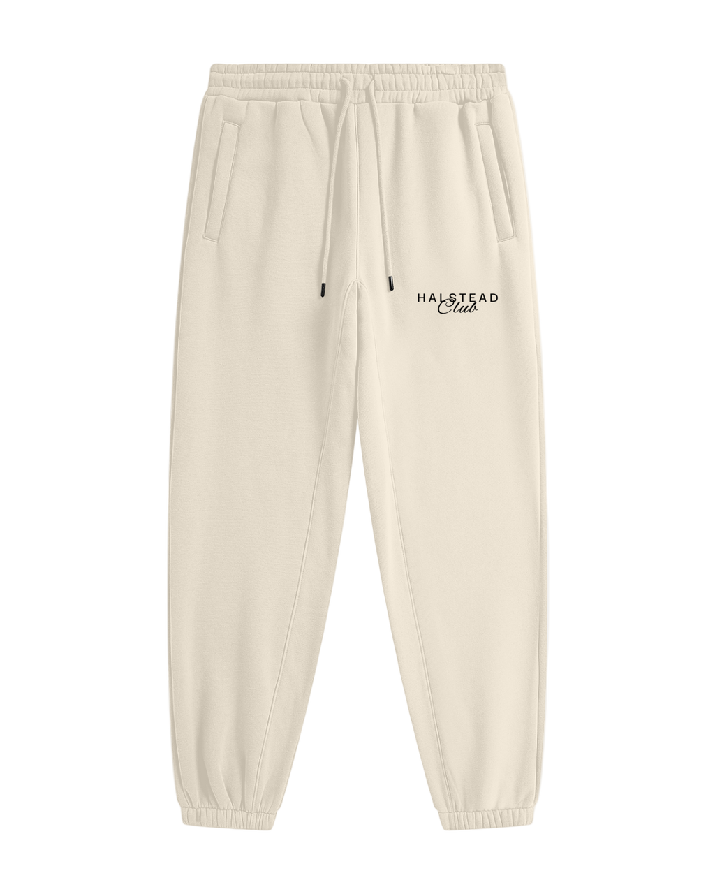 Beige sweatpants with 'Halstead Club' logo on a white background