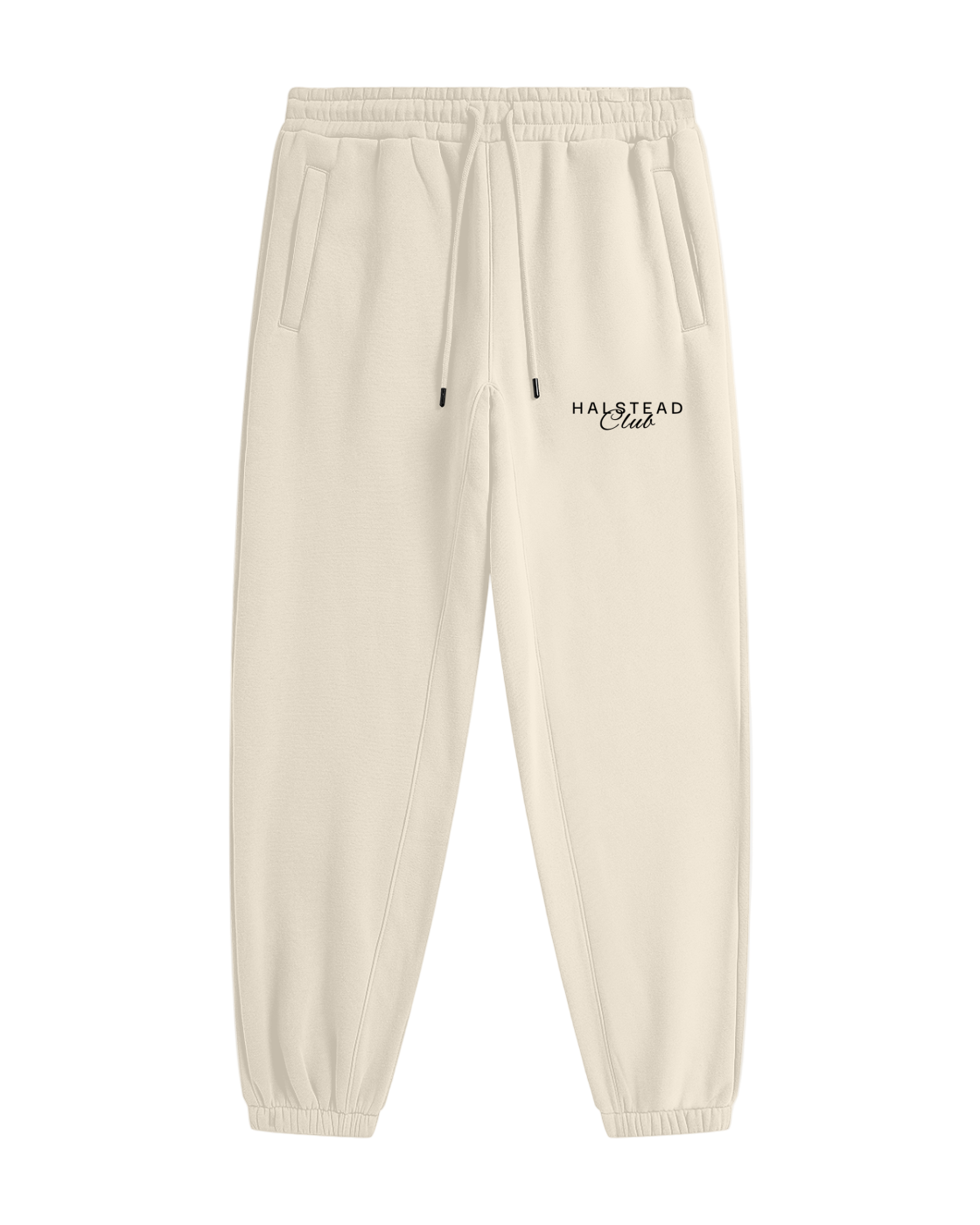 Beige sweatpants with 'Halstead Club' logo on a white background
