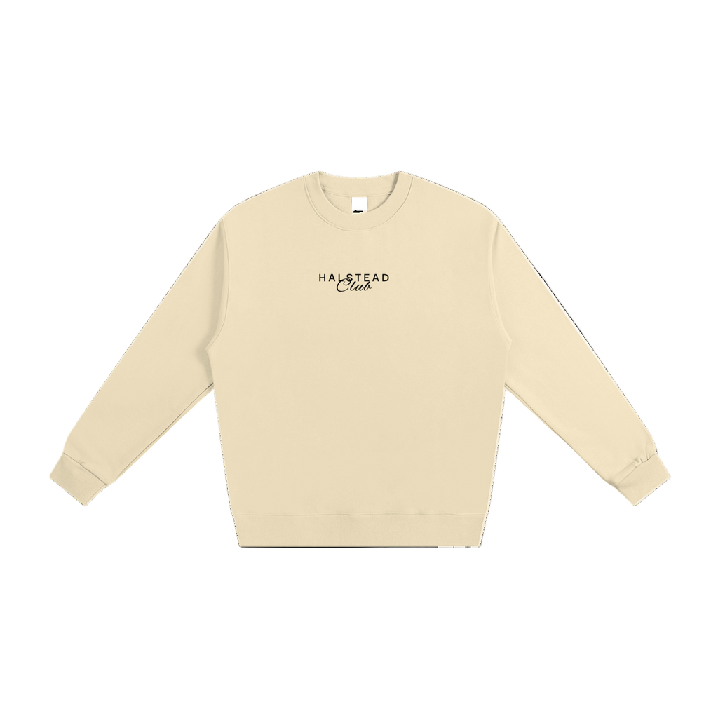 Beige sweatshirt with 'Halstead Club' text on a white background