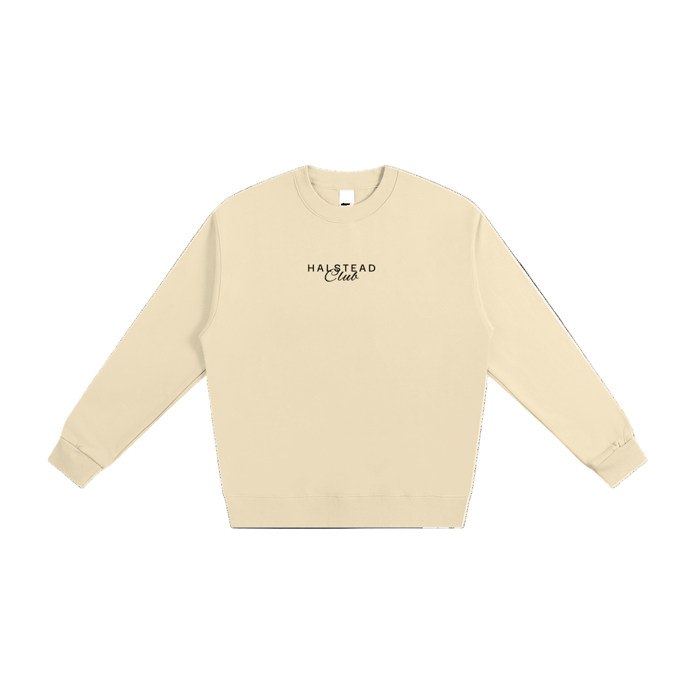 Beige sweatshirt with 'Halstead Club' text on a white background