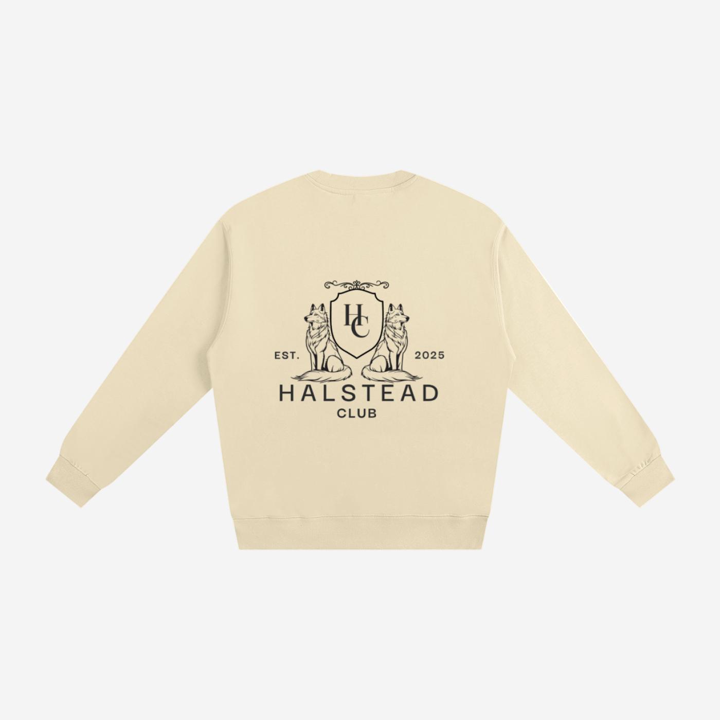 Beige sweatshirt with 'Halstead Club' logo on the back against a white background