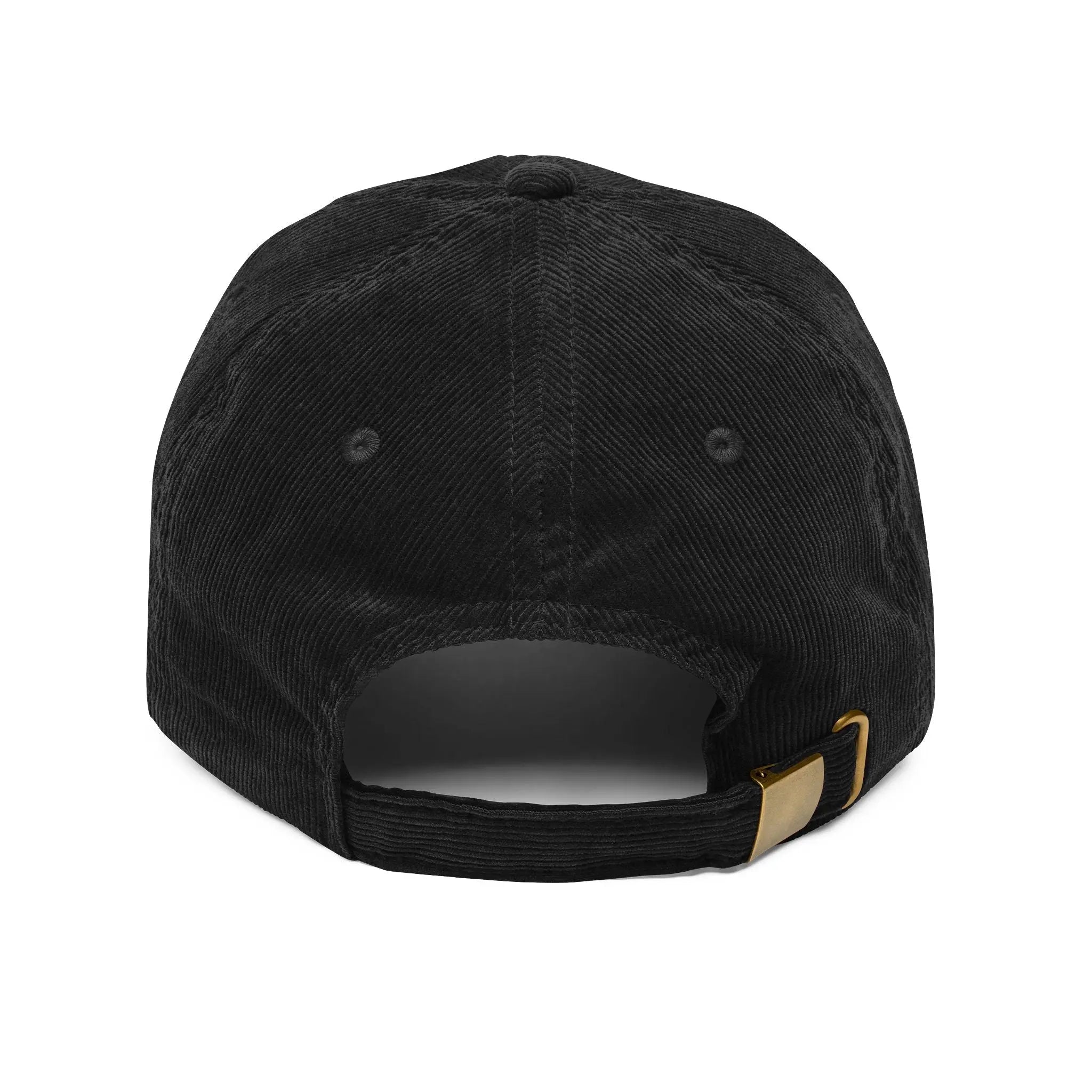 Black cap with a gold adjustable strap on a white background
