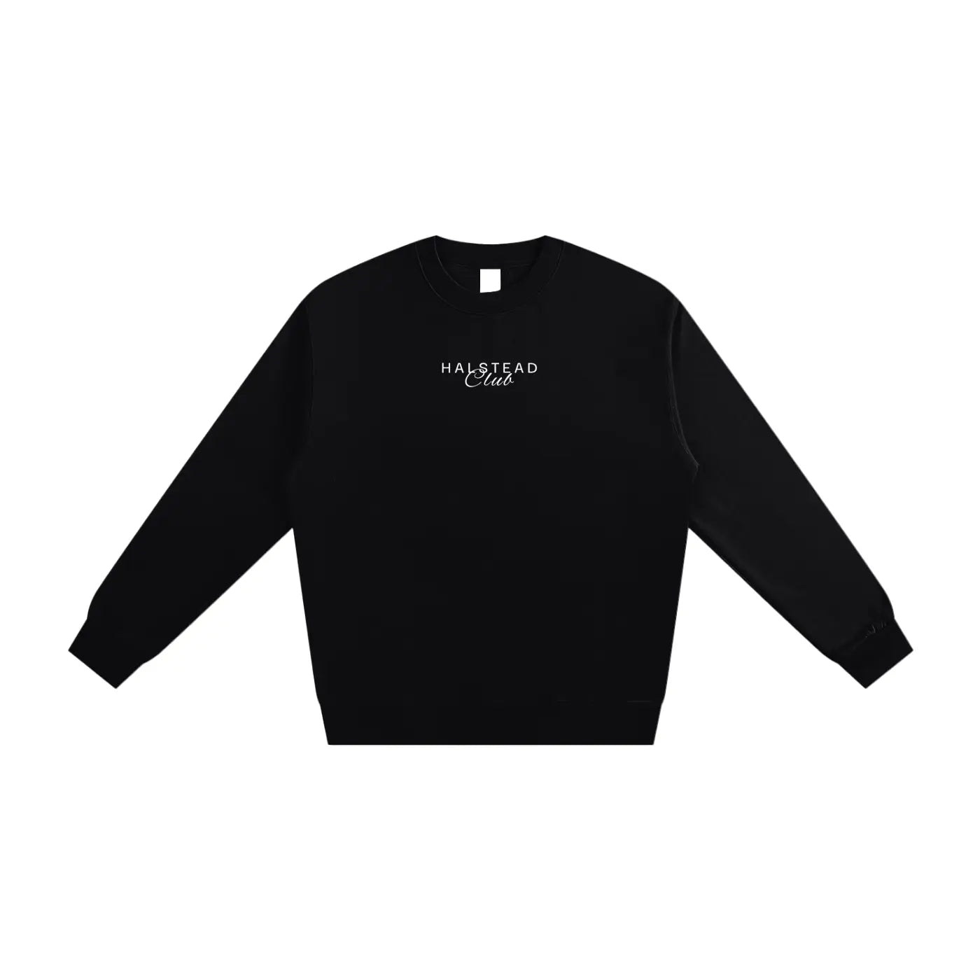 Black sweatshirt with 'Halstead Club' text on a white background