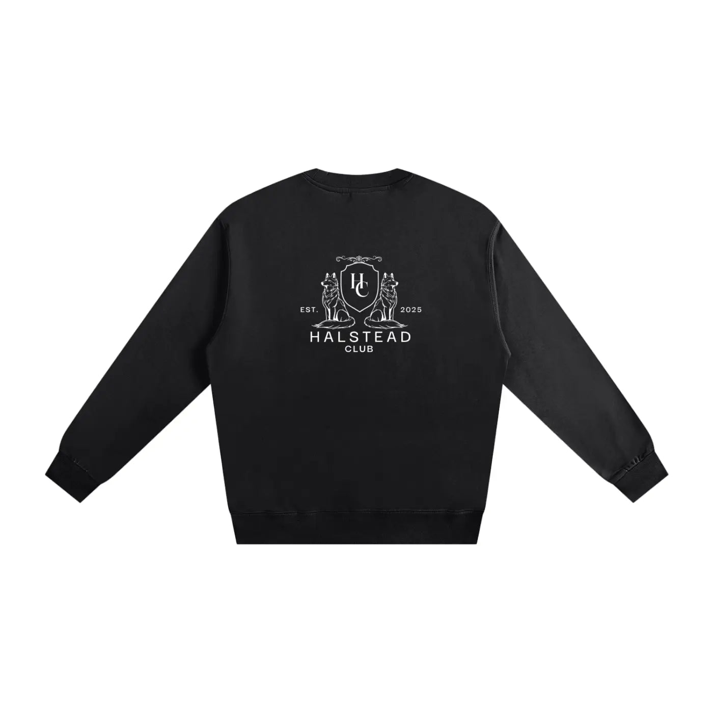 Black sweatshirt with white logo and text on a white background