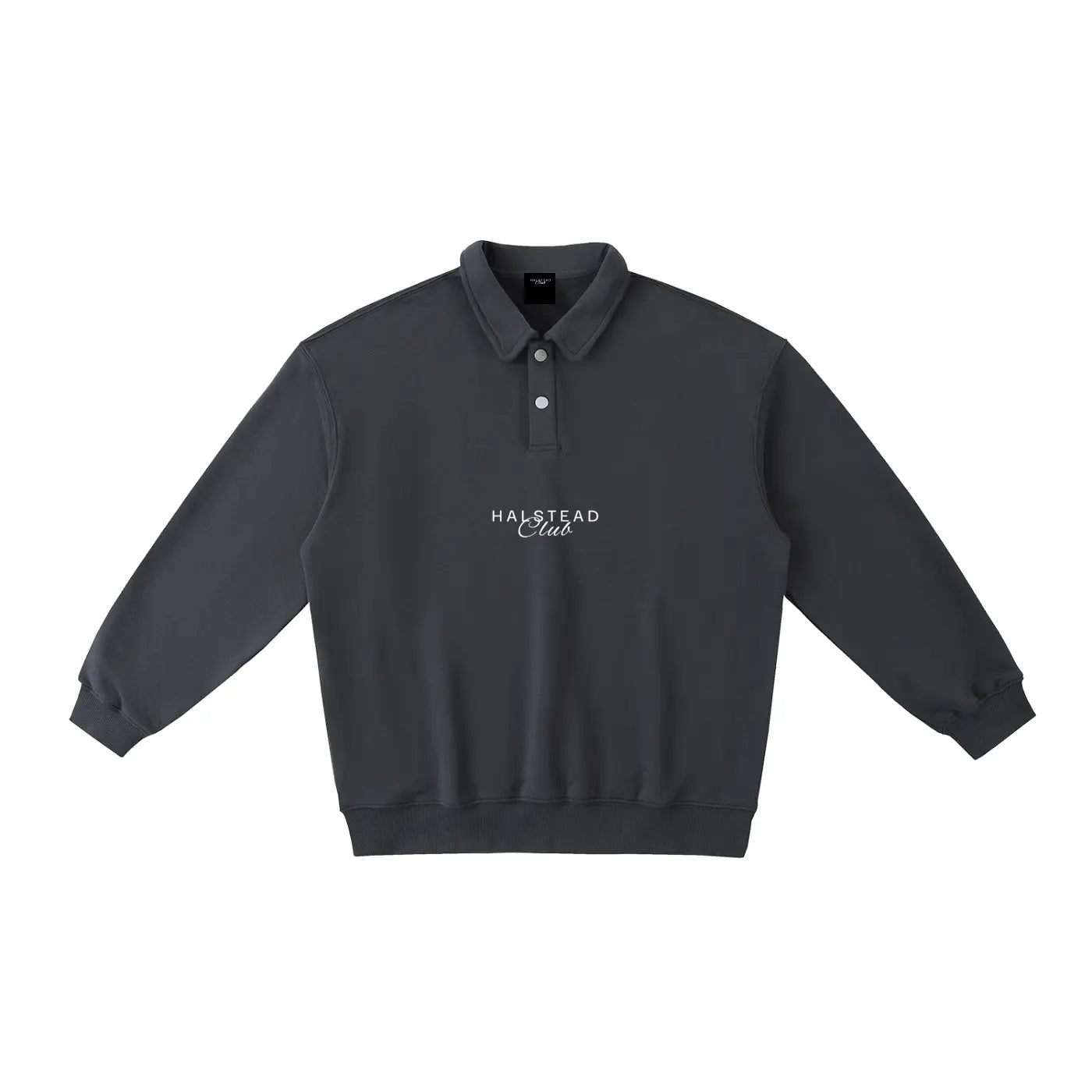 Dark gray sweatshirt with 'Halstead Club' logo on a white background