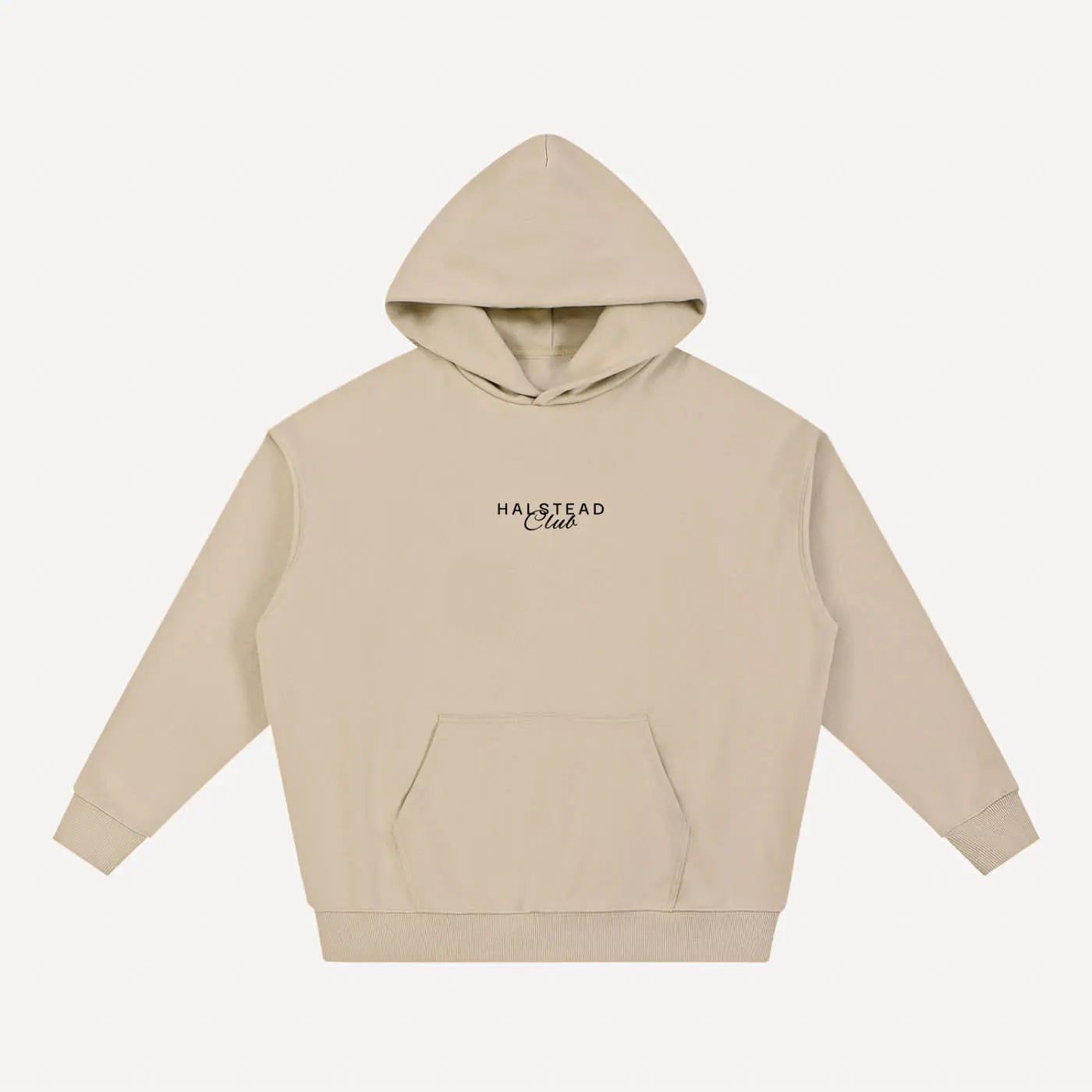 Beige hoodie with 'Halstead Club' text on a white background