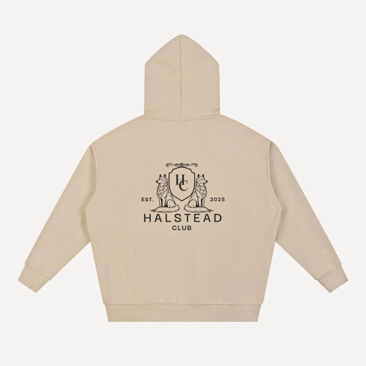 Beige hoodie with 'Halstead Club' logo on a white background