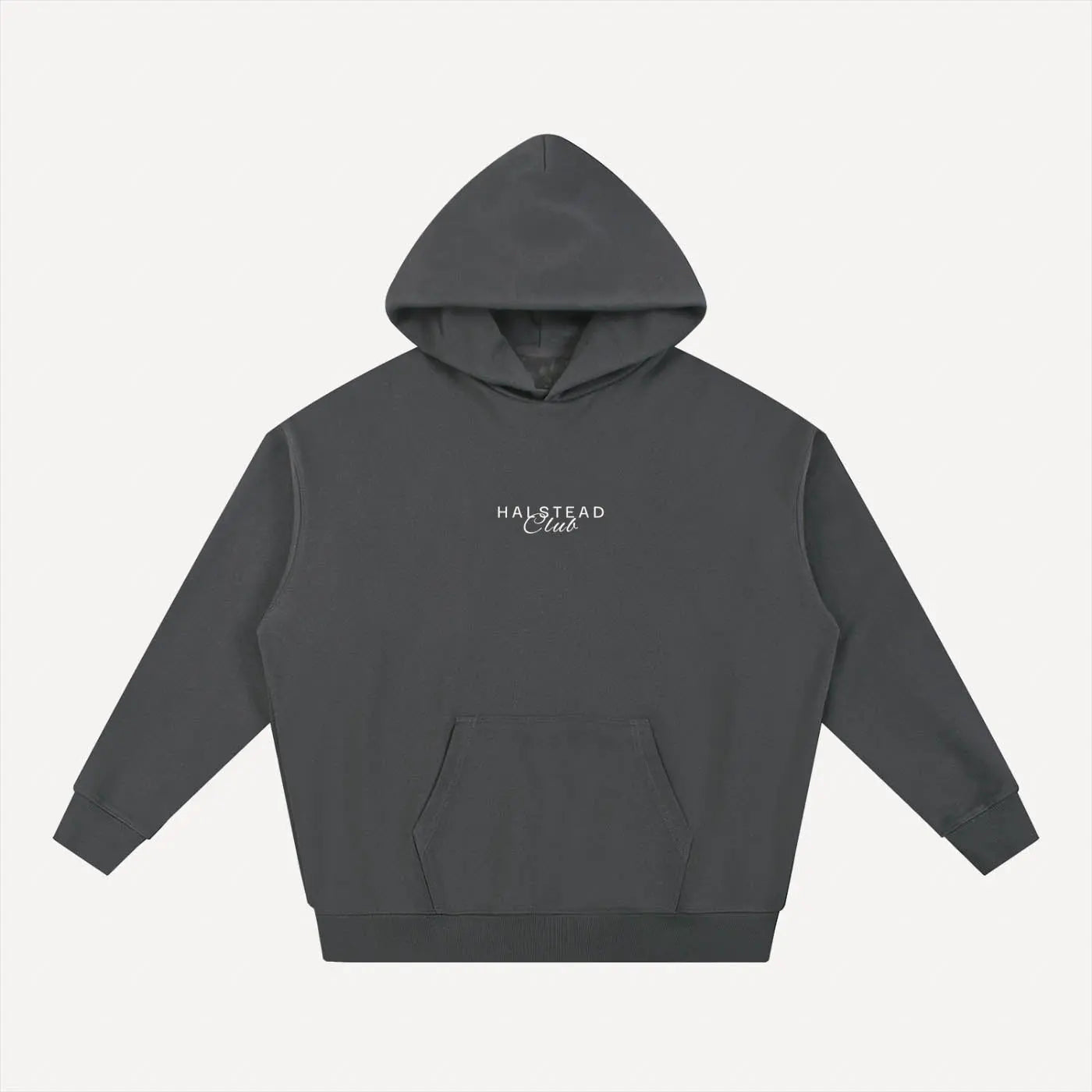 Dark gray hoodie with 'Halstead Club' logo on a light gray background