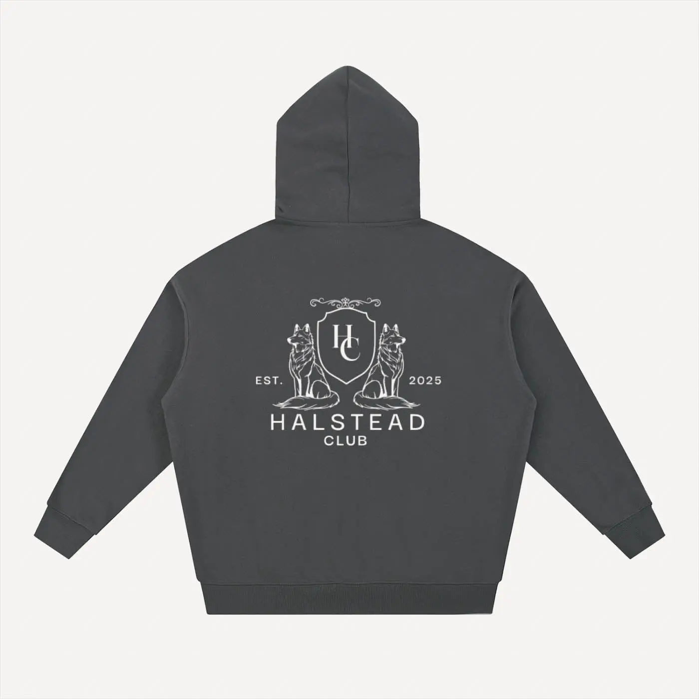 Dark gray hoodie with white logo and text on a light gray background