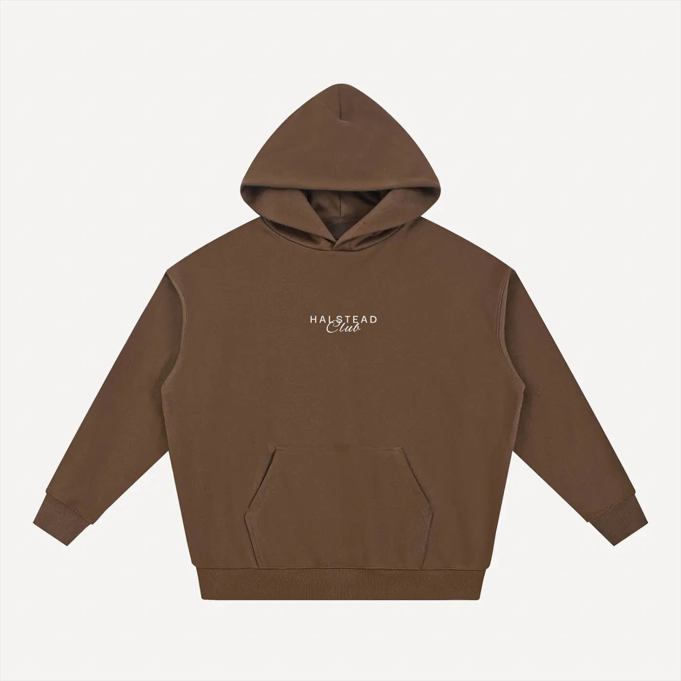 Brown hoodie with 'Halstead Club' logo on a white background