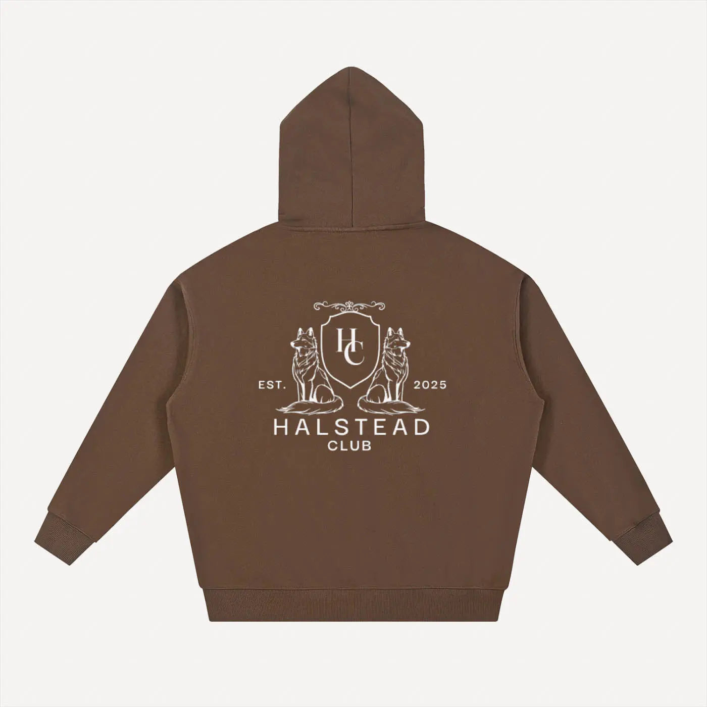 Brown hoodie with 'Halstead Club' logo on the back against a white background