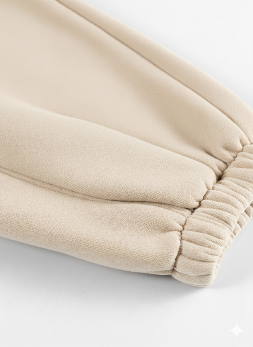 Close-up of beige pants with a white background