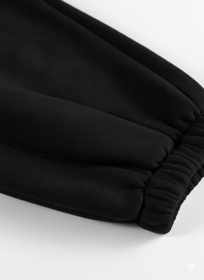 Close-up of black pants with a white background