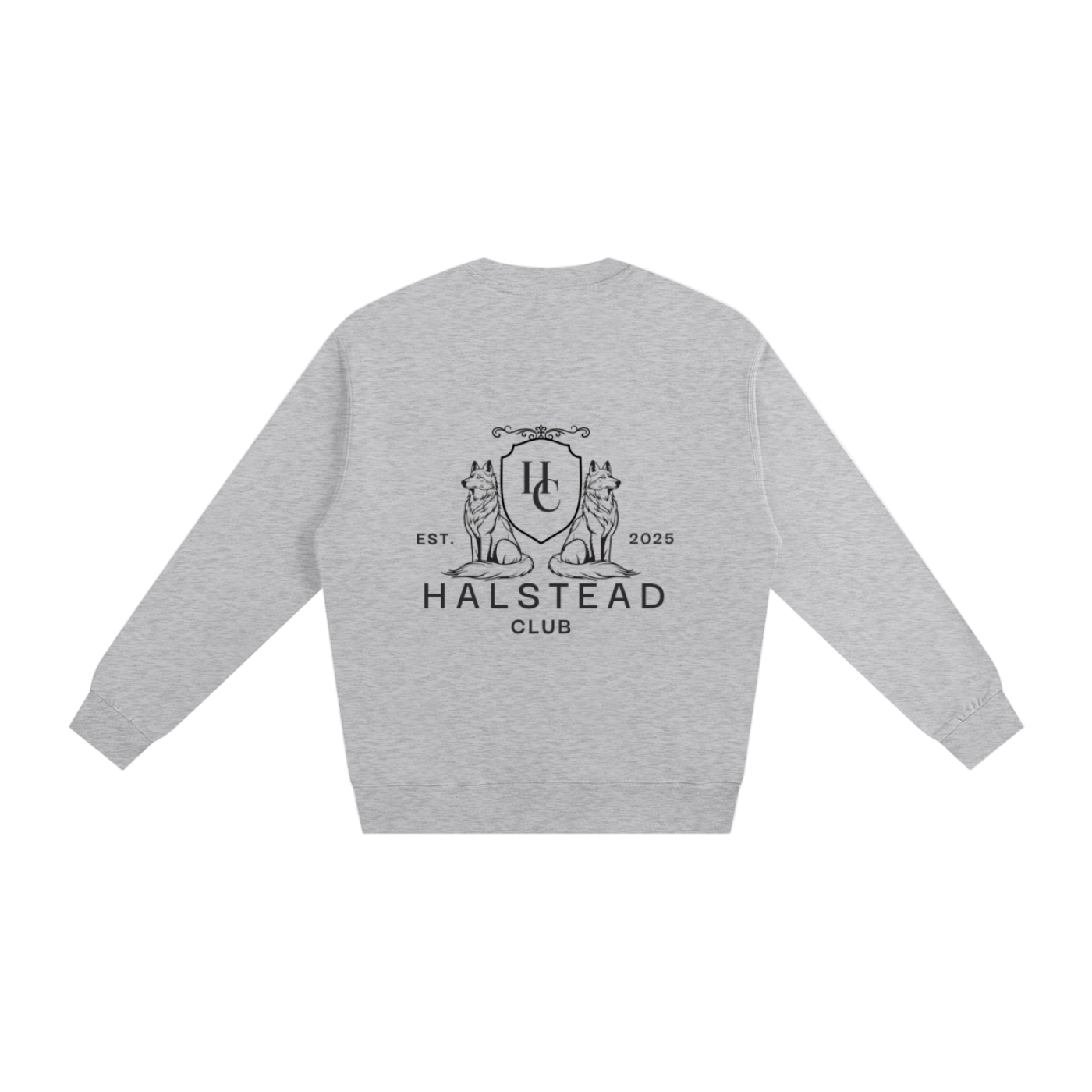 Gray sweatshirt with Halstead Club logo on a white background