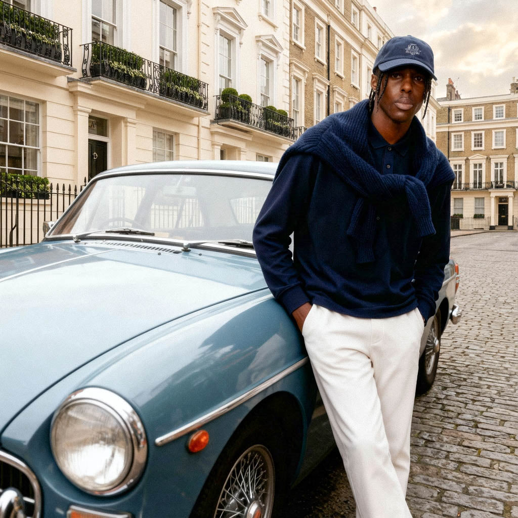 Man leaning against a vintage car on a city street