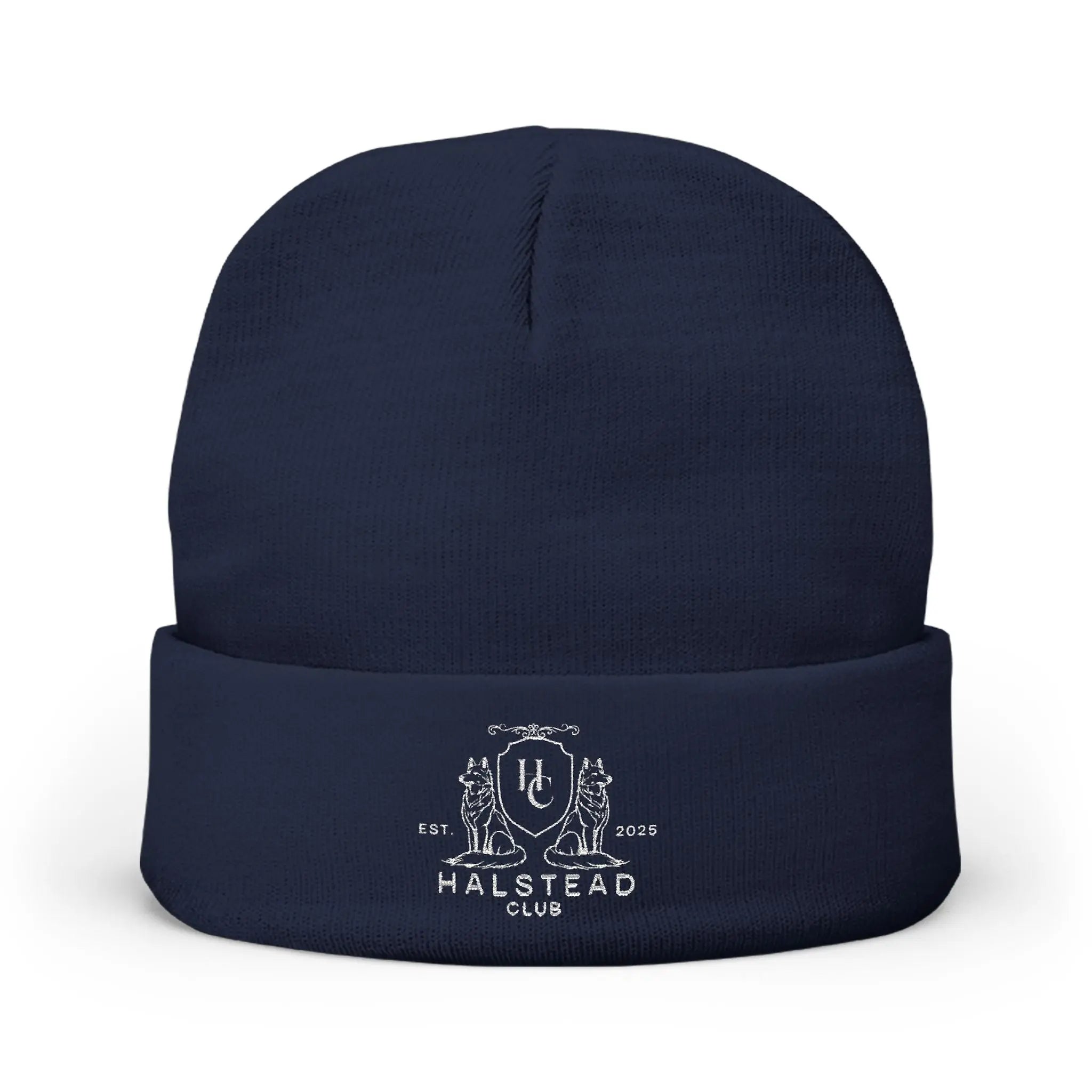 Navy blue beanie with 'Halstead Club' logo on a white background