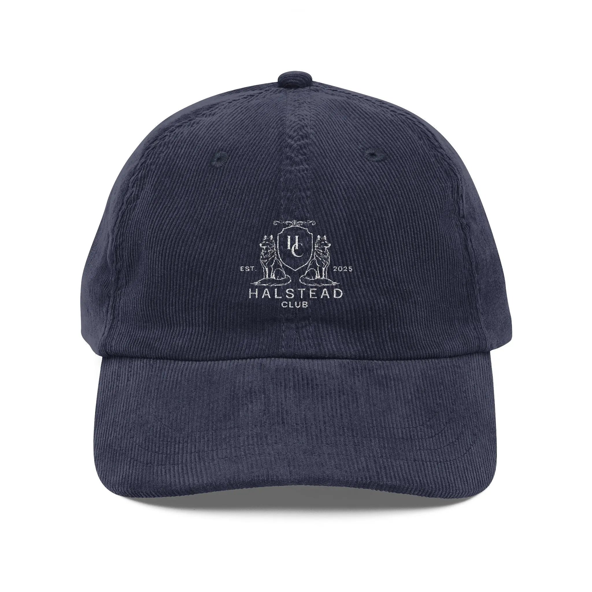 Navy blue cap with 'Halstead Club' logo on a white background