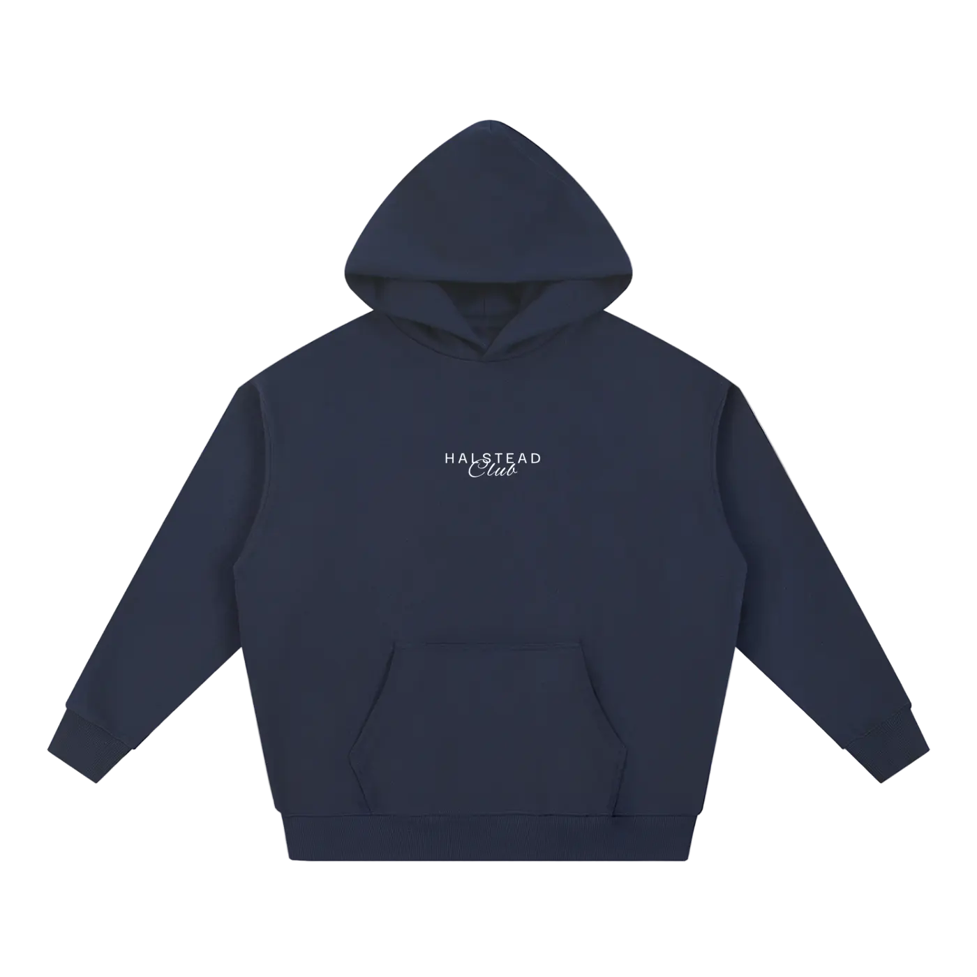 Navy blue hoodie with 'Halstead Club' logo on a white background
