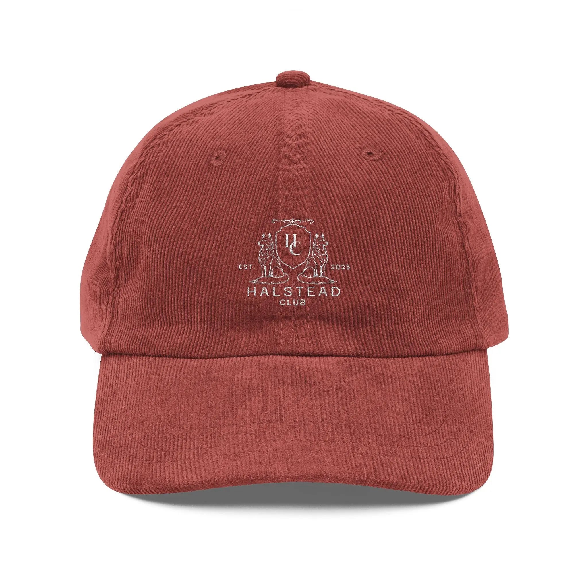 Red cap with 'Halstead Club' logo on a white background