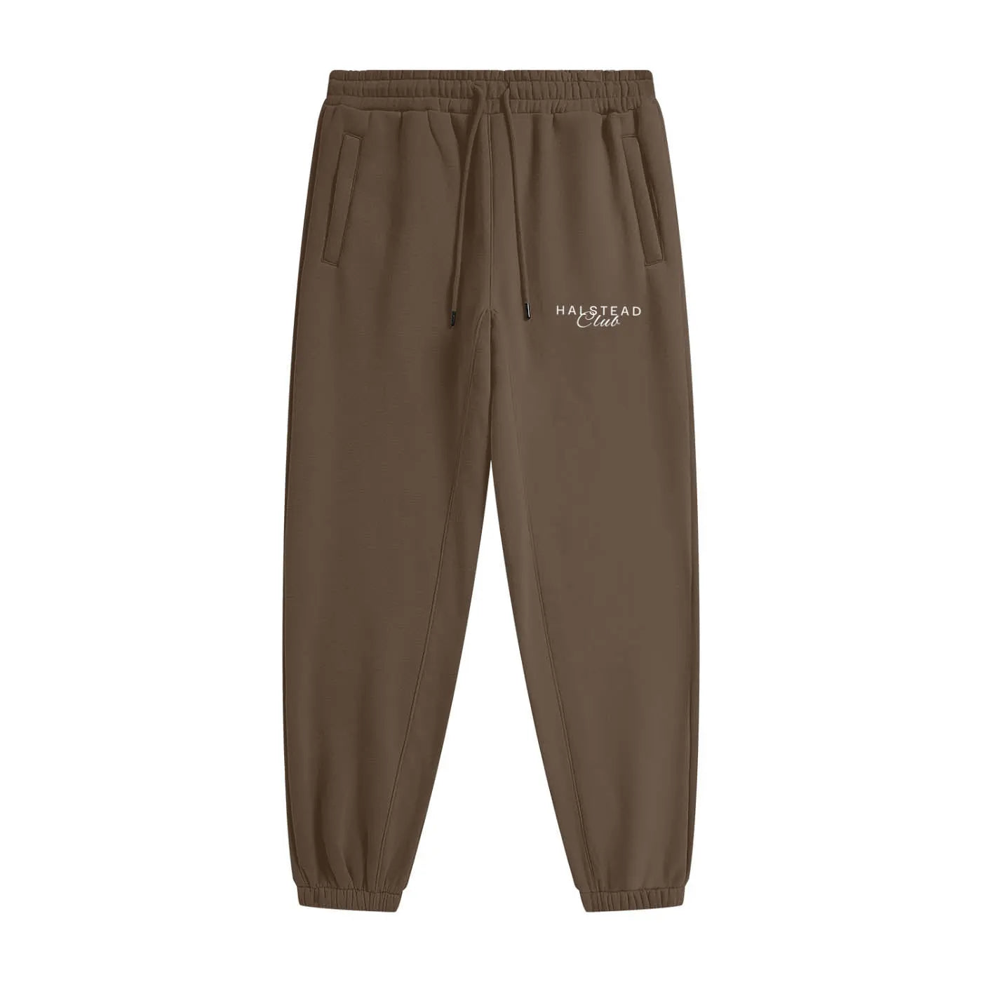 Brown sweatpants with a logo on a white background