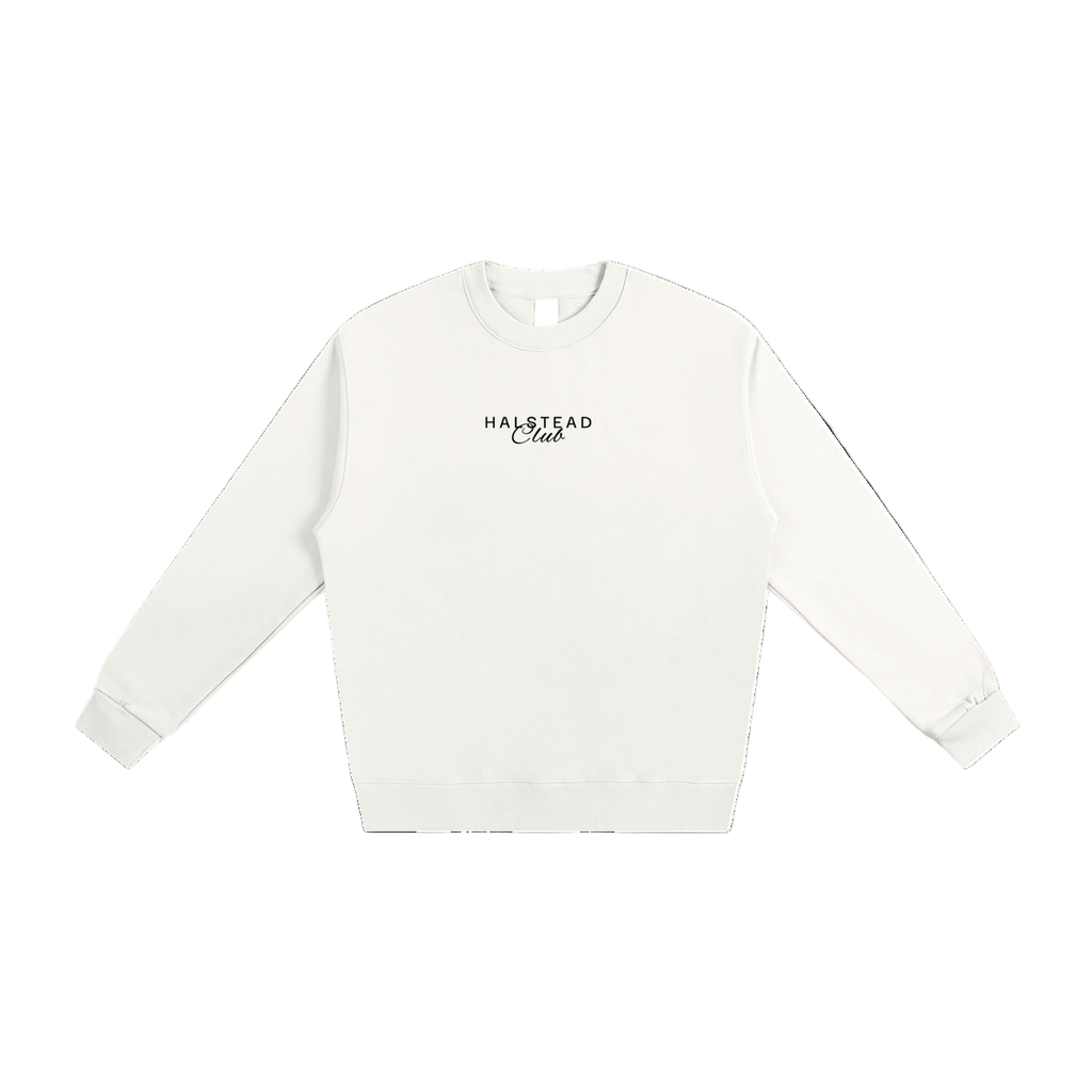 White sweatshirt with 'Halstead Club' text on a white background