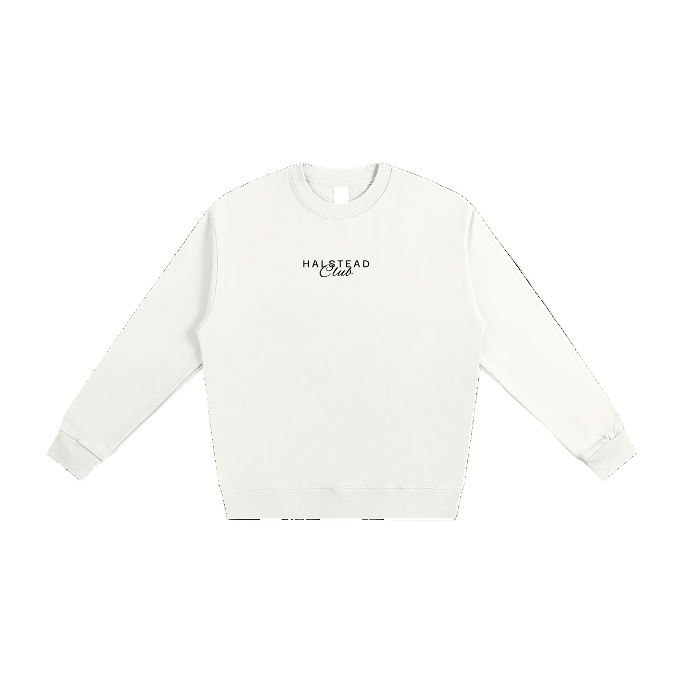 White sweatshirt with 'Halstead Club' text on a white background
