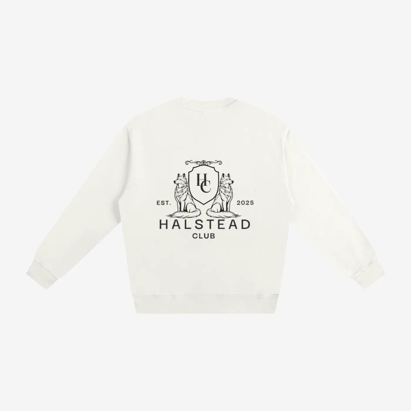 White sweatshirt with Halstead Club logo on a white background