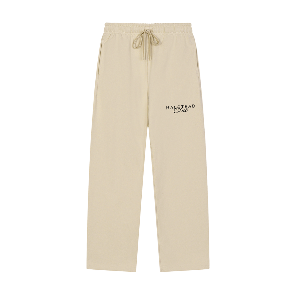Beige sweatpants with 'Halfstead Club' embroidery on a white background
