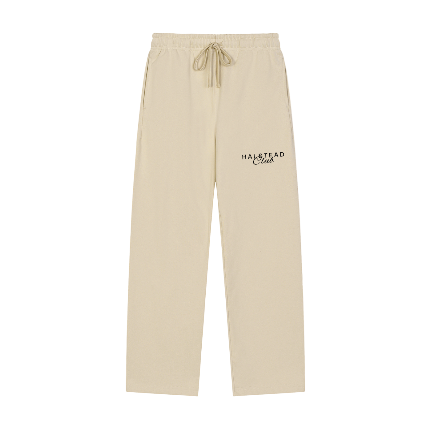 Beige sweatpants with 'Halfstead Club' embroidery on a white background