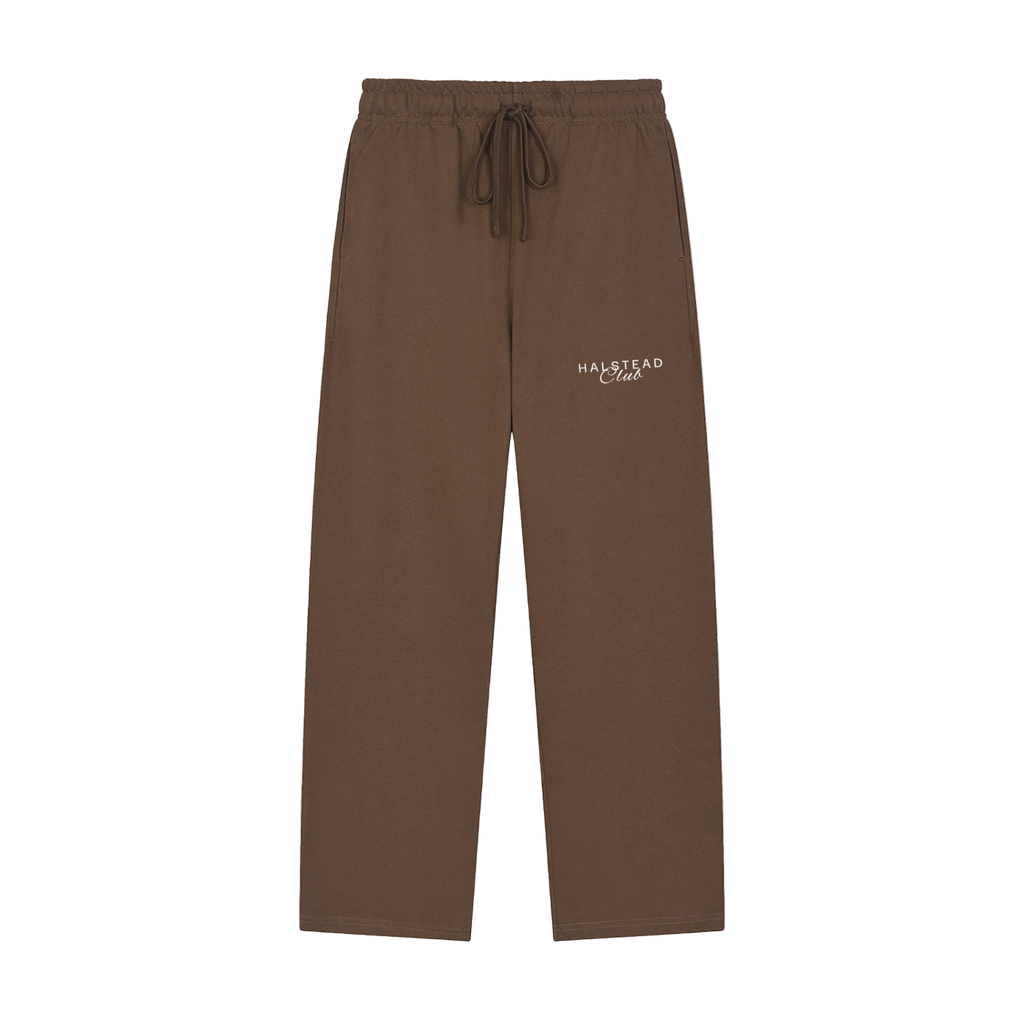 Brown sweatpants with a logo on a white background