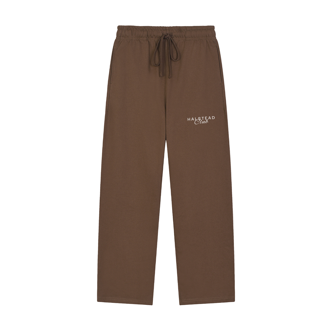 Brown sweatpants with a logo on a white background