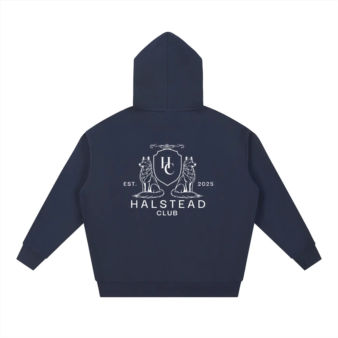 Navy blue hoodie with 'Halstead Club' logo on the back against a white background