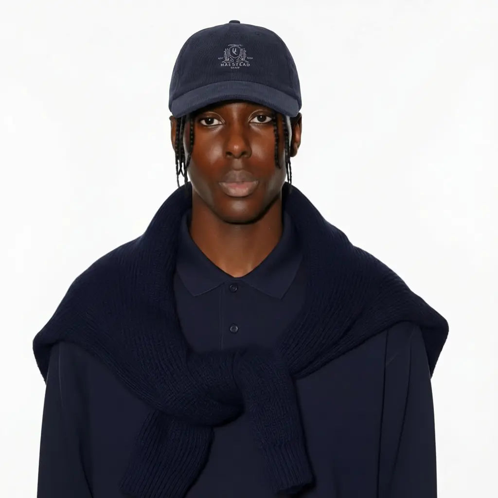 Person wearing a navy cap and scarf on a white background